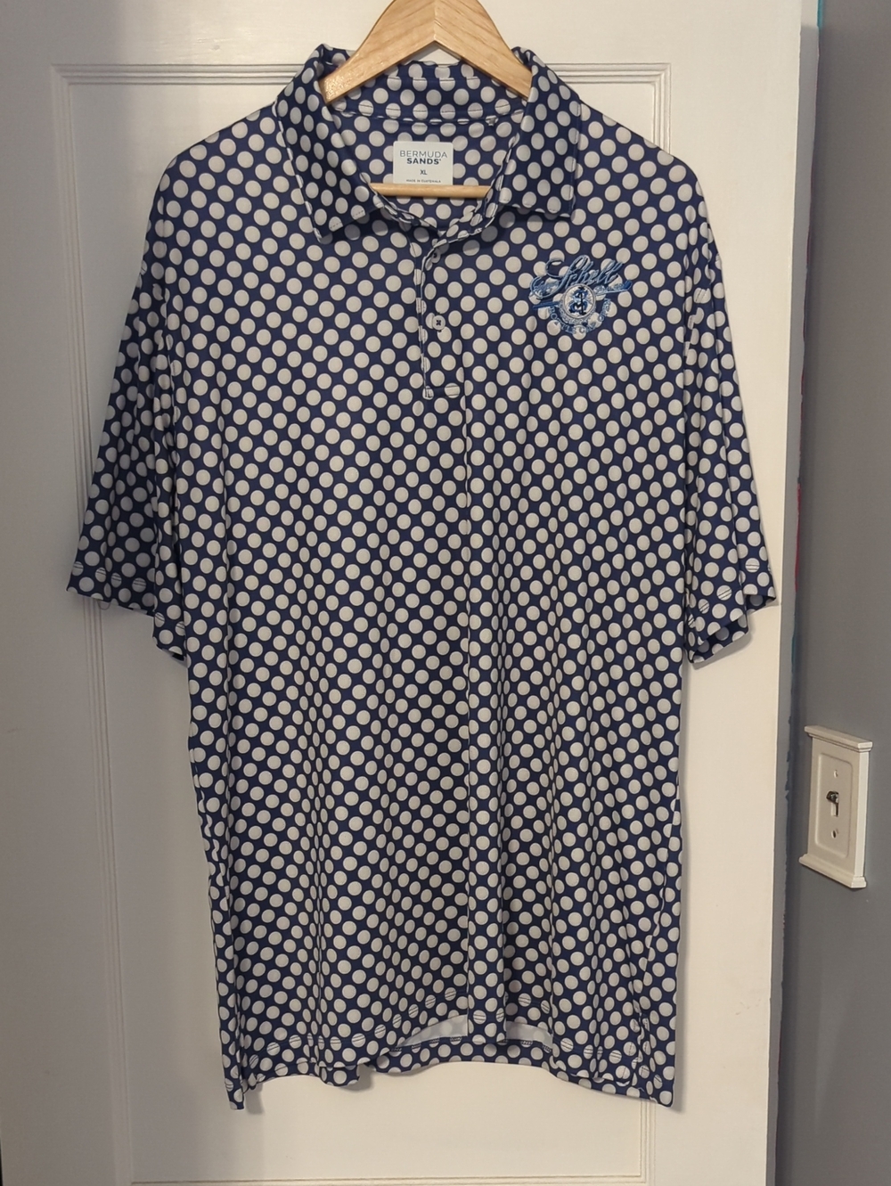 Bermuda Sands Navy Polka Dot Golf Polo Shirt Augusta Schell Bottle Cap Open